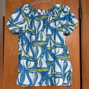 EUC Lilly Pulitzer Beverly sailboat top Worth blue Docksider Small Medium